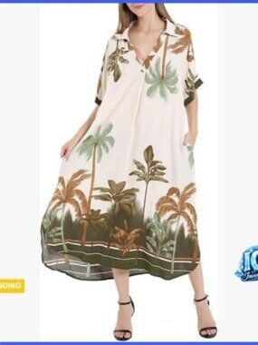 Viscose Maxi Dress with Pockets, V-Neck, A-Line, Loose Fit